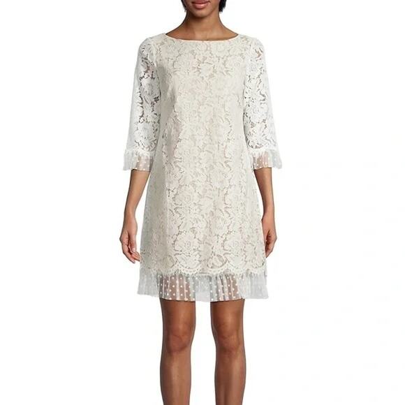 Vince Camuto Allover Lace Embroidery Mini Shift Dress Ivory White Size 8 NWT - Picture 1 of 8